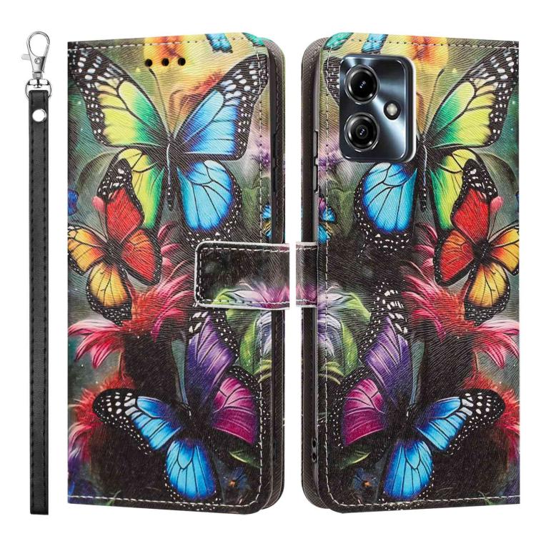 For Motorola Moto G14 Painted Pattern Vegan Leather Phone Case with Strap