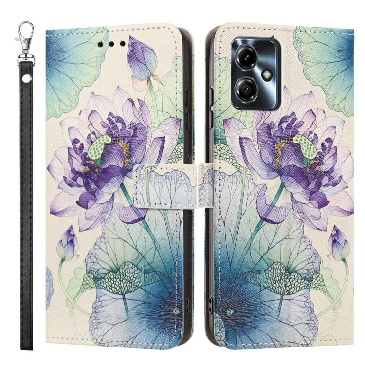 For Motorola Moto G14 Painted Pattern Vegan Leather Phone Case with Strap