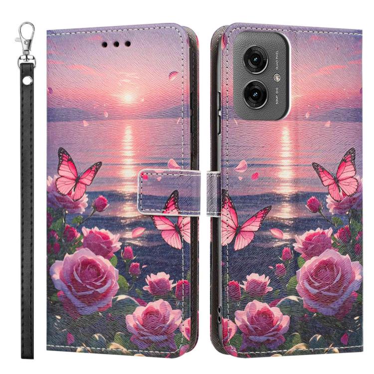 For Motorola Moto G55 Painted Pattern Vegan Leather Phone Case with Strap