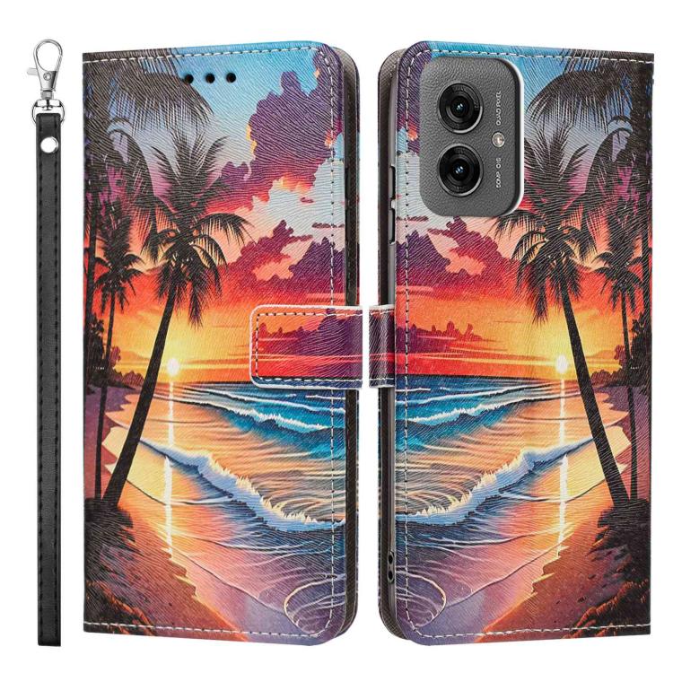 For Motorola Moto G55 Painted Pattern Vegan Leather Phone Case with Strap