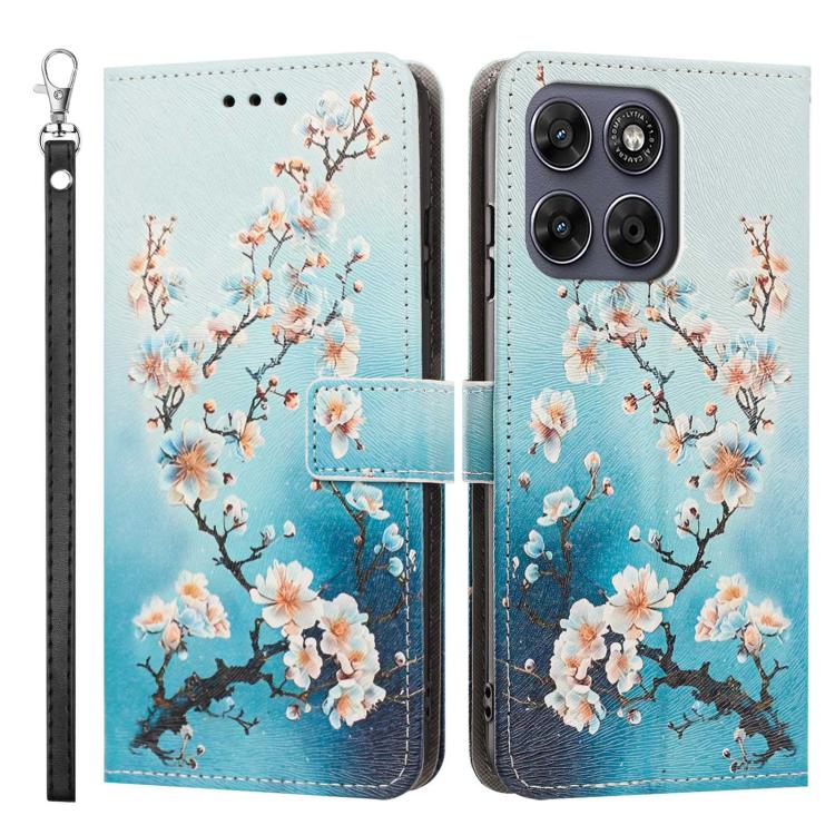 For Motorola Moto G77 5G Painted Pattern Vegan Leather Phone Case with Strap