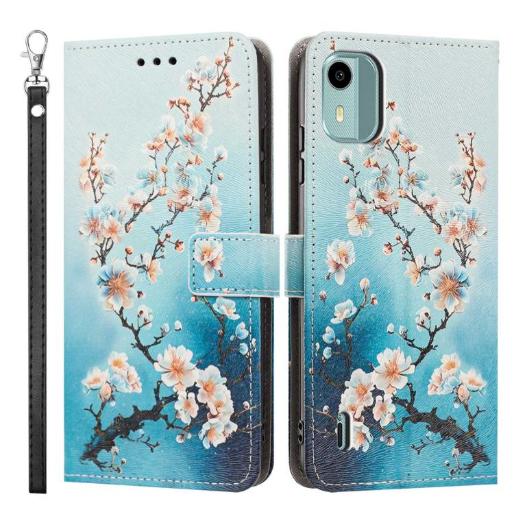 For Nokia C12 Painted Pattern Vegan Leather Phone Case with Strap