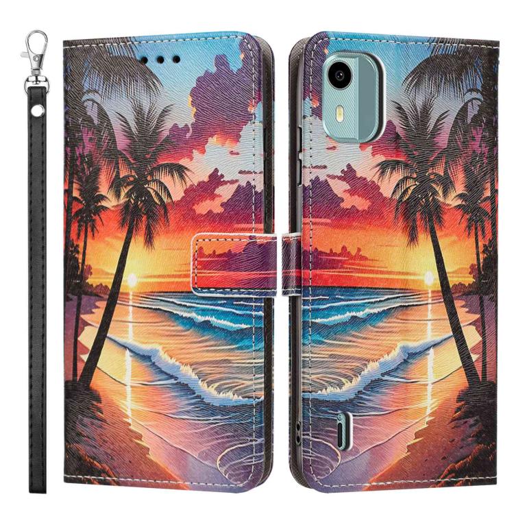 For Nokia C12 Painted Pattern Vegan Leather Phone Case with Strap
