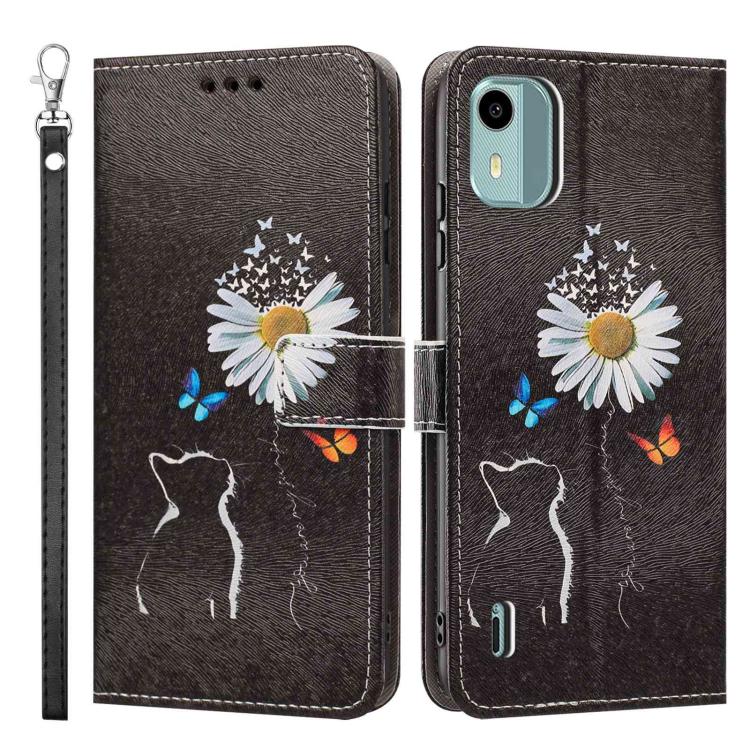 For Nokia C12 Painted Pattern Vegan Leather Phone Case with Strap