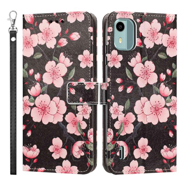 For Nokia C12 Painted Pattern Vegan Leather Phone Case with Strap
