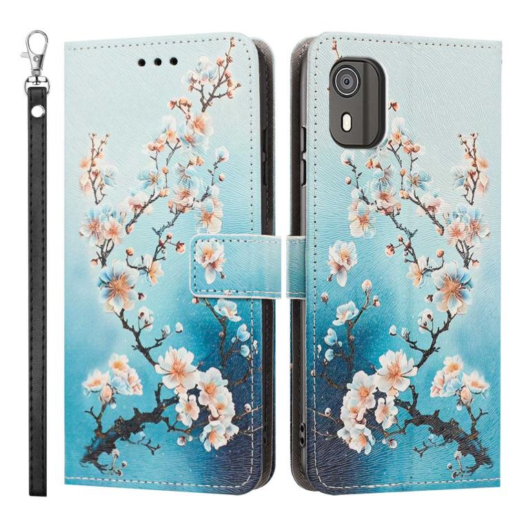 For Nokia C02 Painted Pattern Vegan Leather Phone Case with Strap