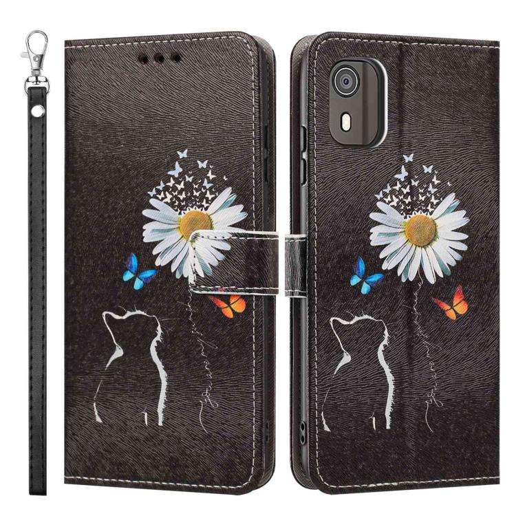 For Nokia C02 Painted Pattern Vegan Leather Phone Case with Strap