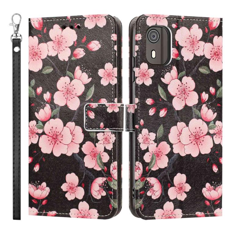 For Nokia C02 Painted Pattern Vegan Leather Phone Case with Strap