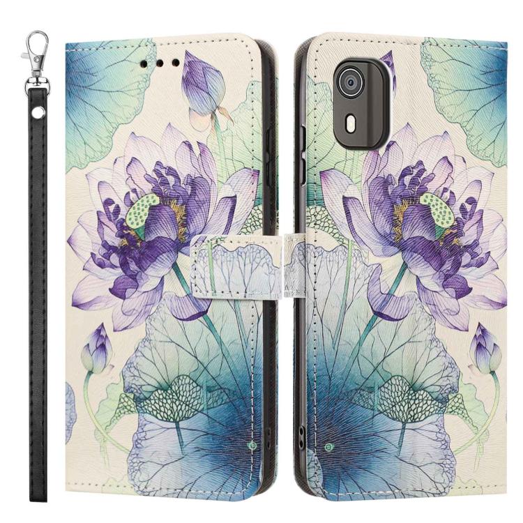 For Nokia C02 Painted Pattern Vegan Leather Phone Case with Strap