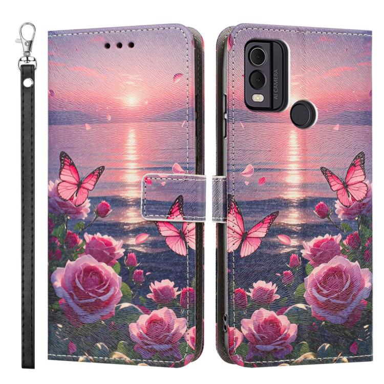 For Nokia C22 Painted Pattern Vegan Leather Phone Case with Strap