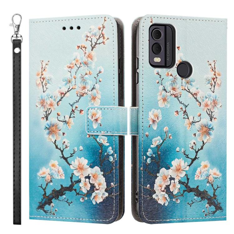 For Nokia C22 Painted Pattern Vegan Leather Phone Case with Strap