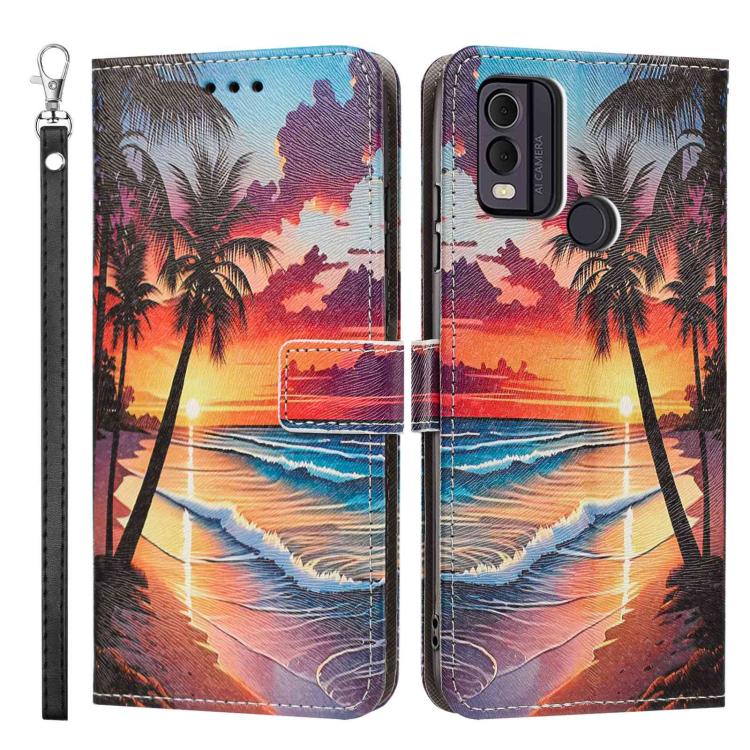 For Nokia C22 Painted Pattern Vegan Leather Phone Case with Strap