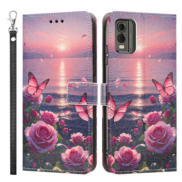 For Nokia C32 Painted Pattern Vegan Leather Phone Case with Strap