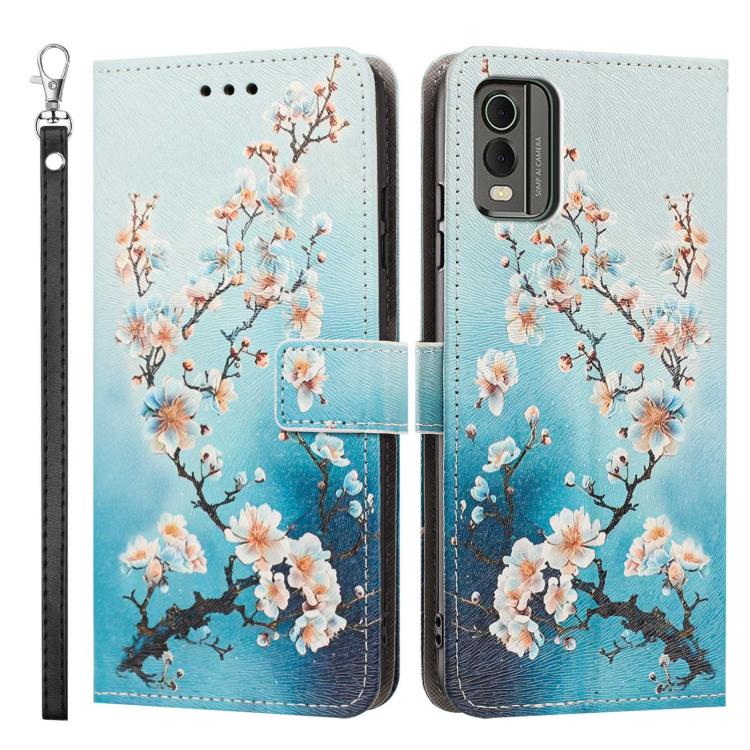 For Nokia C32 Painted Pattern Vegan Leather Phone Case with Strap
