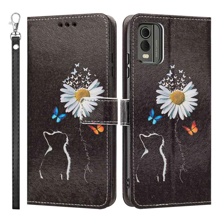 For Nokia C32 Painted Pattern Vegan Leather Phone Case with Strap