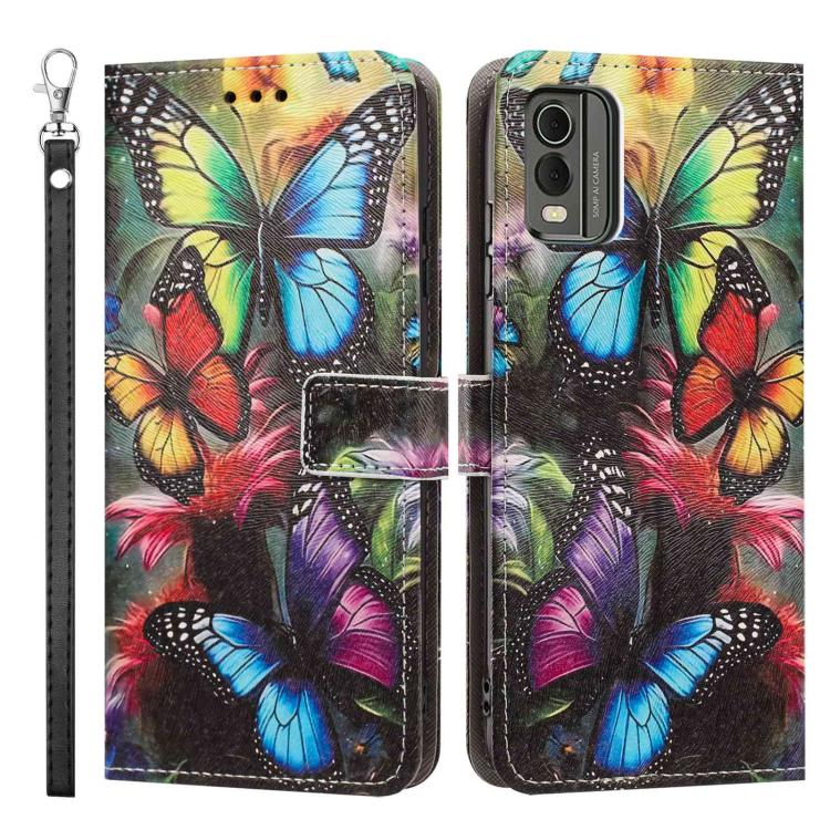 For Nokia C32 Painted Pattern Vegan Leather Phone Case with Strap