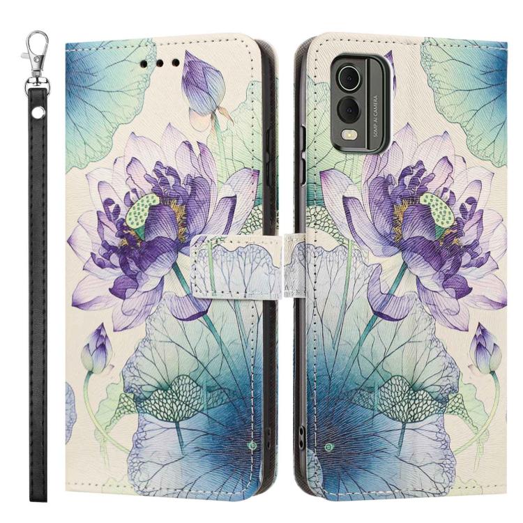For Nokia C32 Painted Pattern Vegan Leather Phone Case with Strap