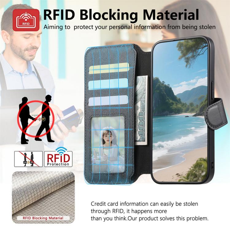 For Redmi Note 14 5G Twill Fabric MagSafe RFID Anti-theft Zipper Wallet Leather Phone Case