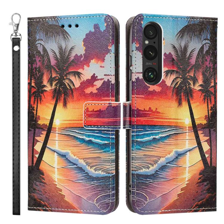 For Sony Xperia 1 V Painted Pattern Vegan Leather Phone Case with Strap