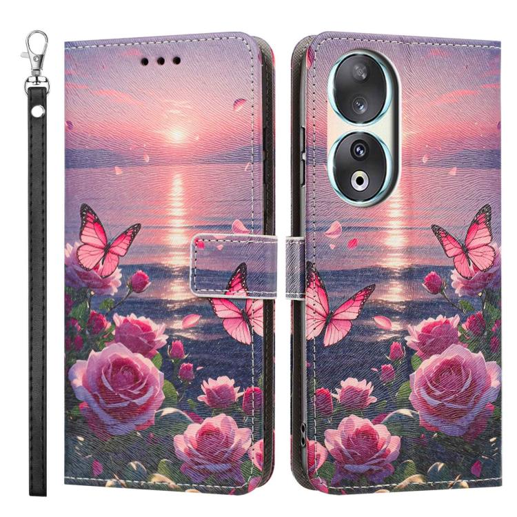 For Honor 90 Painted Pattern Vegan Leather Phone Case with Strap