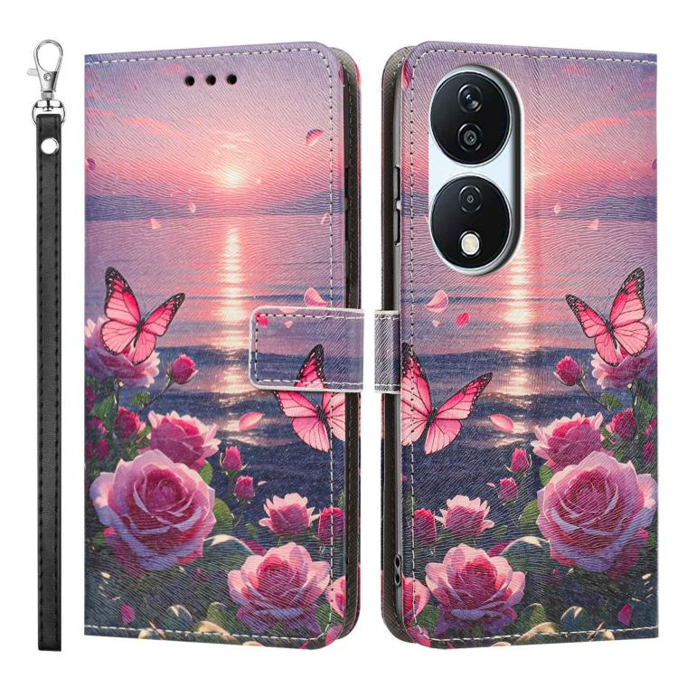 For Honor X7b Painted Pattern Vegan Leather Phone Case with Strap