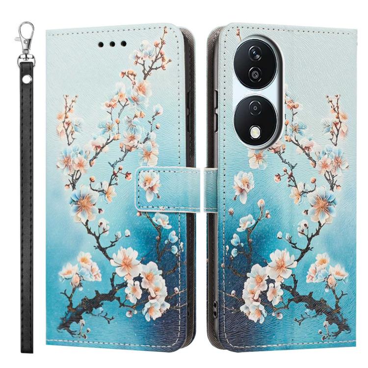 For Honor X7b Painted Pattern Vegan Leather Phone Case with Strap