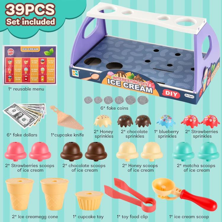 Parent-child Interaction Pretend Play DIY Ice Cream Cone Sackable Store Game - 39pcs