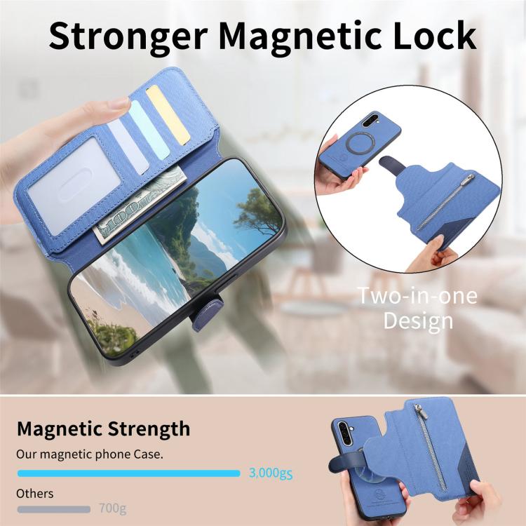For Galaxy M56 5G Twill Fabric MagSafe RFID Anti-theft Zipper Wallet Leather Phone Case