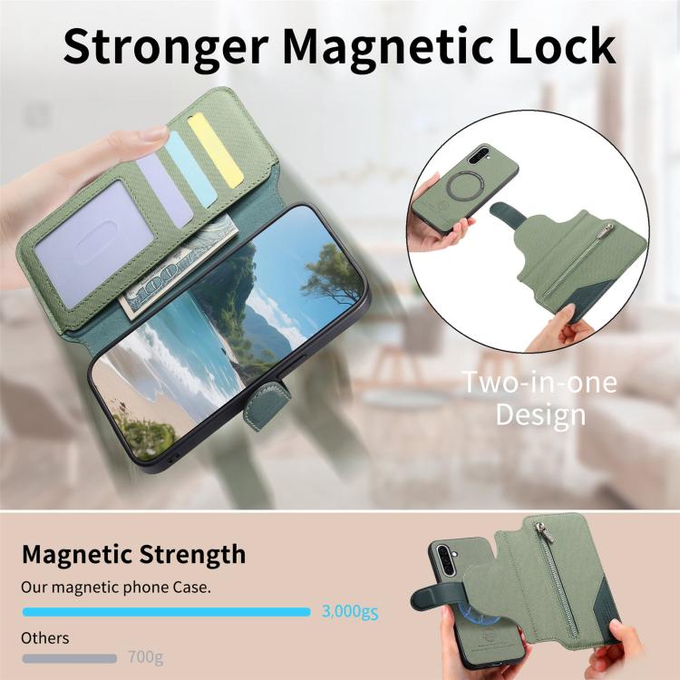 For Galaxy M56 5G Twill Fabric MagSafe RFID Anti-theft Zipper Wallet Leather Phone Case
