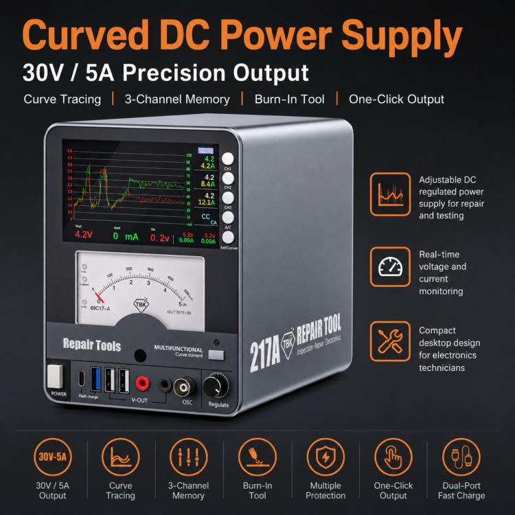 TBK 217A 30V / 5A 3-Channel Storage Curved DC Regulated Power Supply with Hyperbola Display, Plug:AU Plug