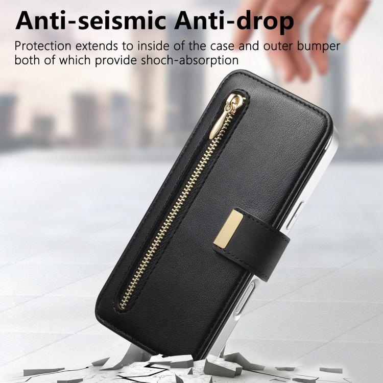 For Galaxy A36 5G Precision Hole Silver-Edged Ring RFID Blocking Zipper Wallet Magnetic Vegan Leather Phone Case