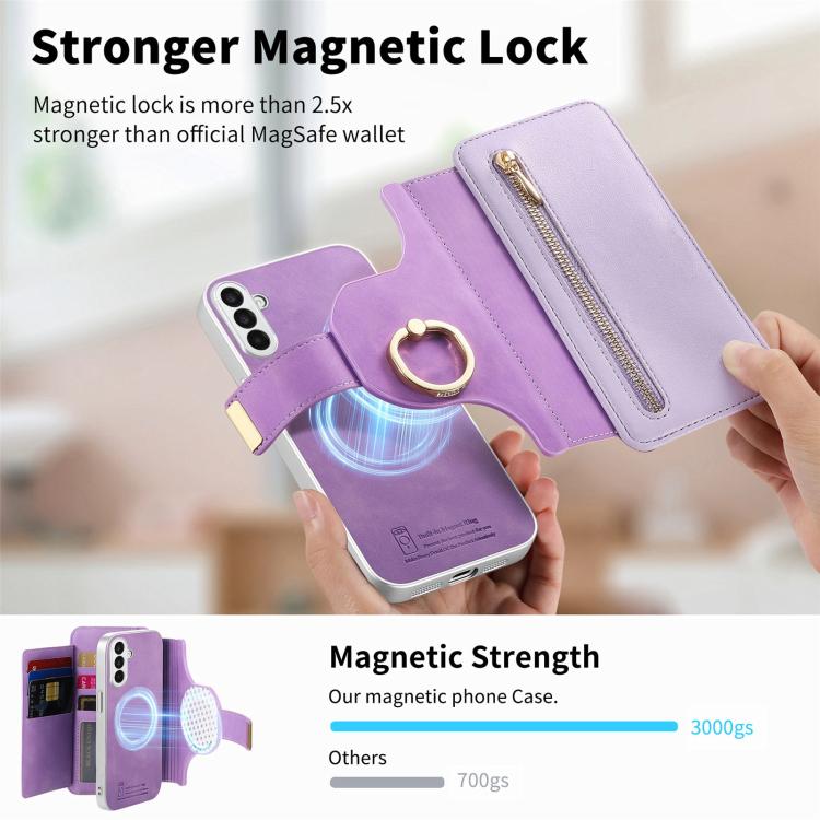 For Galaxy A25 5G Precision Hole Silver-Edged Ring RFID Blocking Zipper Wallet Magnetic Vegan Leather Phone Case