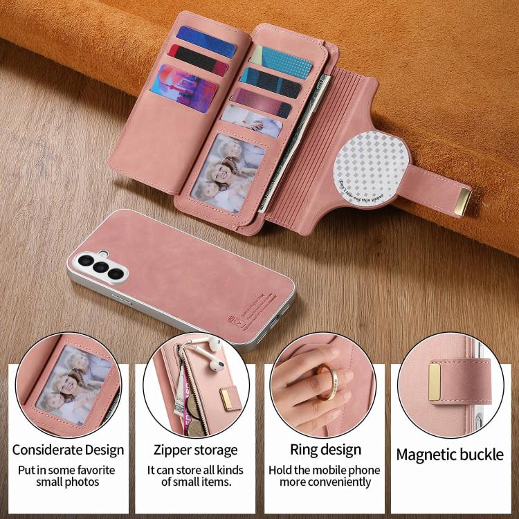 For Galaxy A16 5G Precision Hole Silver-Edged Ring RFID Blocking Zipper Wallet Magnetic Vegan Leather Phone Case