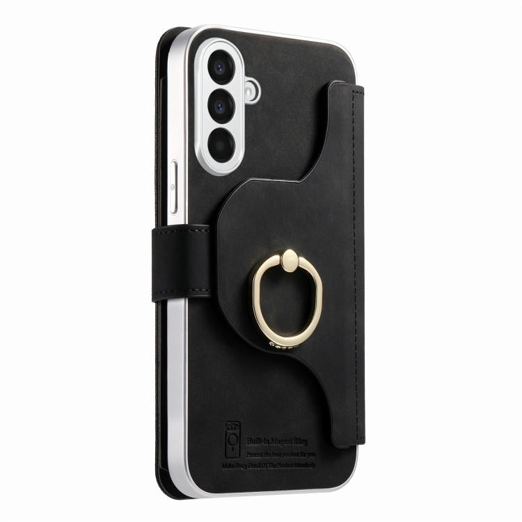 For Galaxy A16 5G Precision Hole Silver-Edged Ring RFID Blocking Zipper Wallet Magnetic Vegan Leather Phone Case