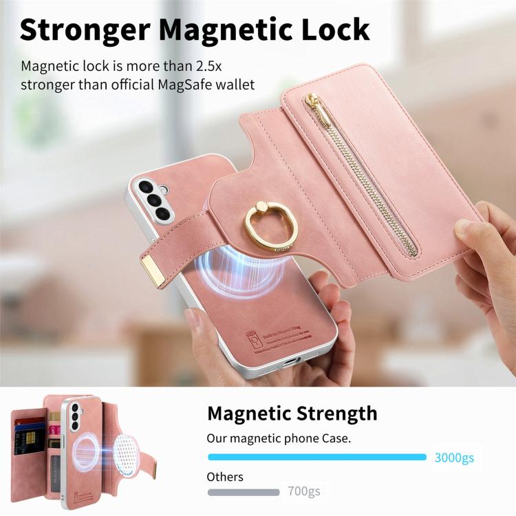 For Galaxy A15 Precision Hole Silver-Edged Ring RFID Blocking Zipper Wallet Magnetic Vegan Leather Phone Case