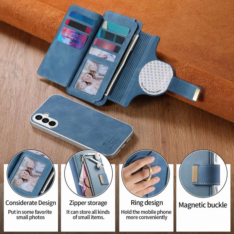 For Galaxy A15 Precision Hole Silver-Edged Ring RFID Blocking Zipper Wallet Magnetic Vegan Leather Phone Case