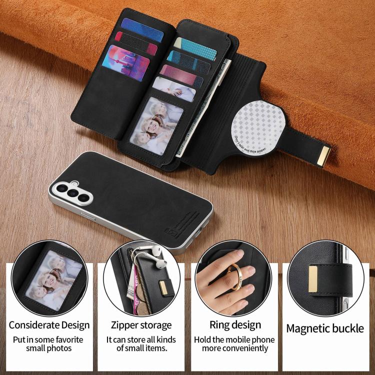 For Galaxy A15 Precision Hole Silver-Edged Ring RFID Blocking Zipper Wallet Magnetic Vegan Leather Phone Case