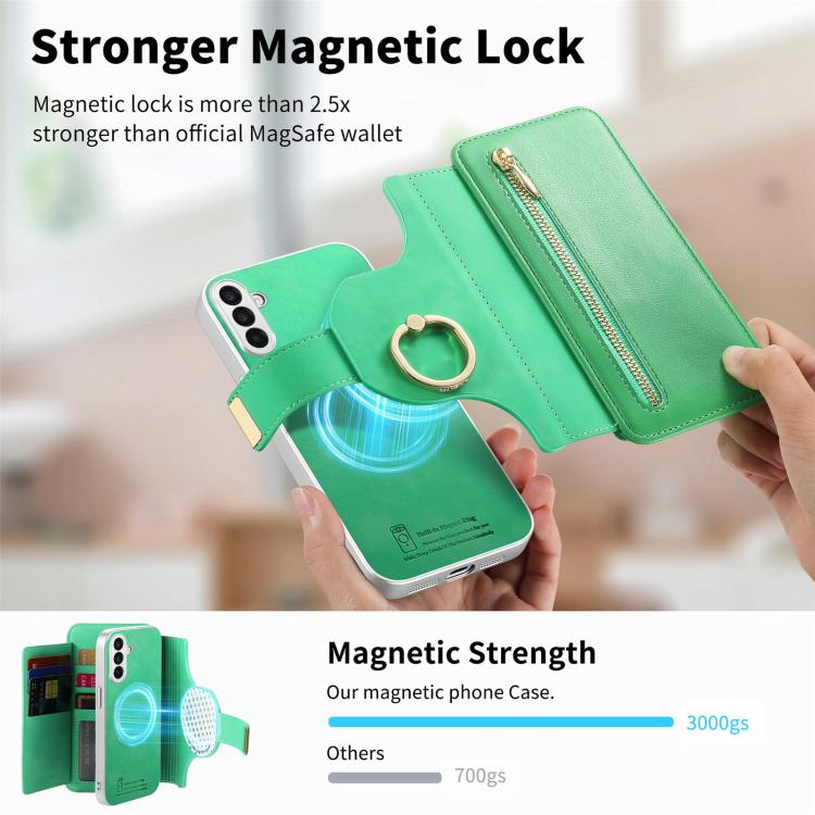 For Galaxy A15 Precision Hole Silver-Edged Ring RFID Blocking Zipper Wallet Magnetic Vegan Leather Phone Case
