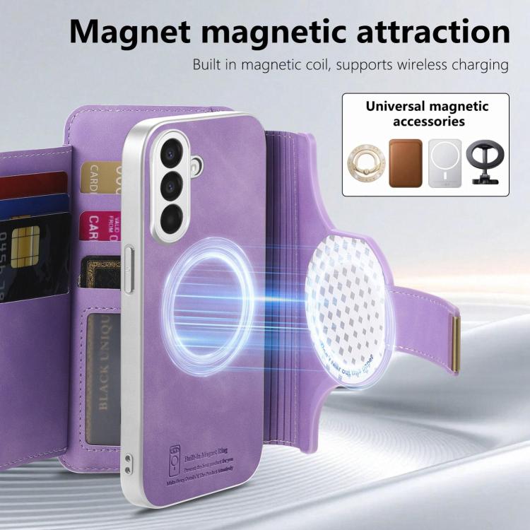 For Galaxy A17 5G Precision Hole Silver-Edged Ring RFID Blocking Zipper Wallet Magnetic Vegan Leather Phone Case