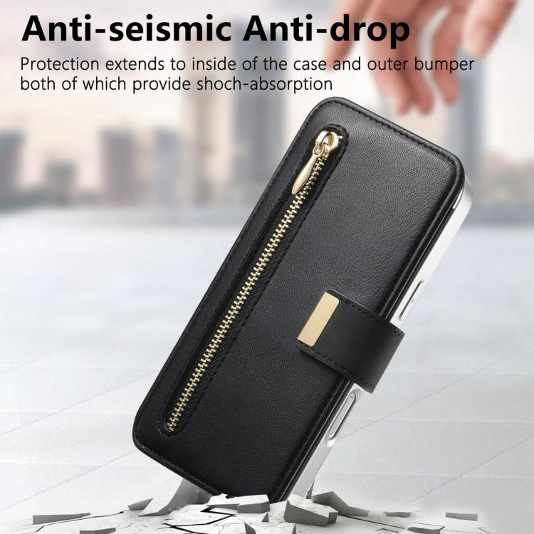For Galaxy A17 5G Precision Hole Silver-Edged Ring RFID Blocking Zipper Wallet Magnetic Vegan Leather Phone Case