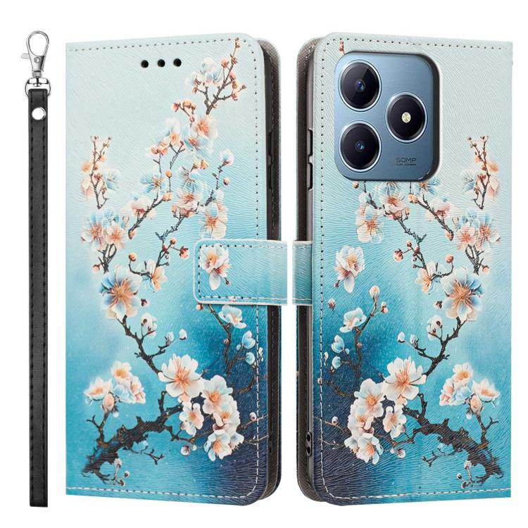For Realme C63 Painted Pattern Vegan Leather Phone Case with Strap