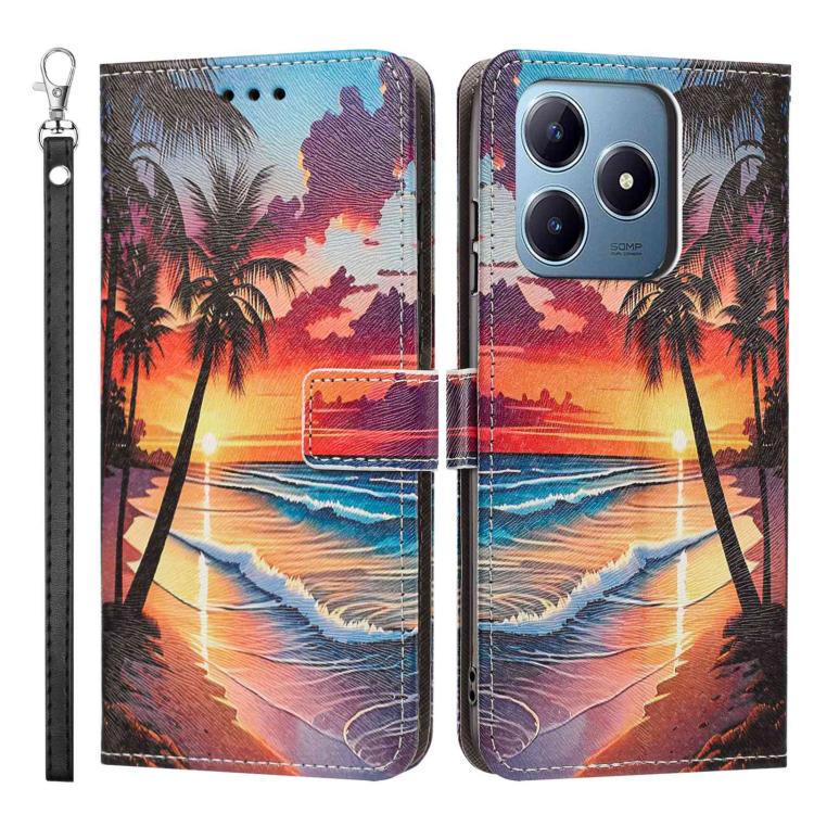 For Realme C63 Painted Pattern Vegan Leather Phone Case with Strap