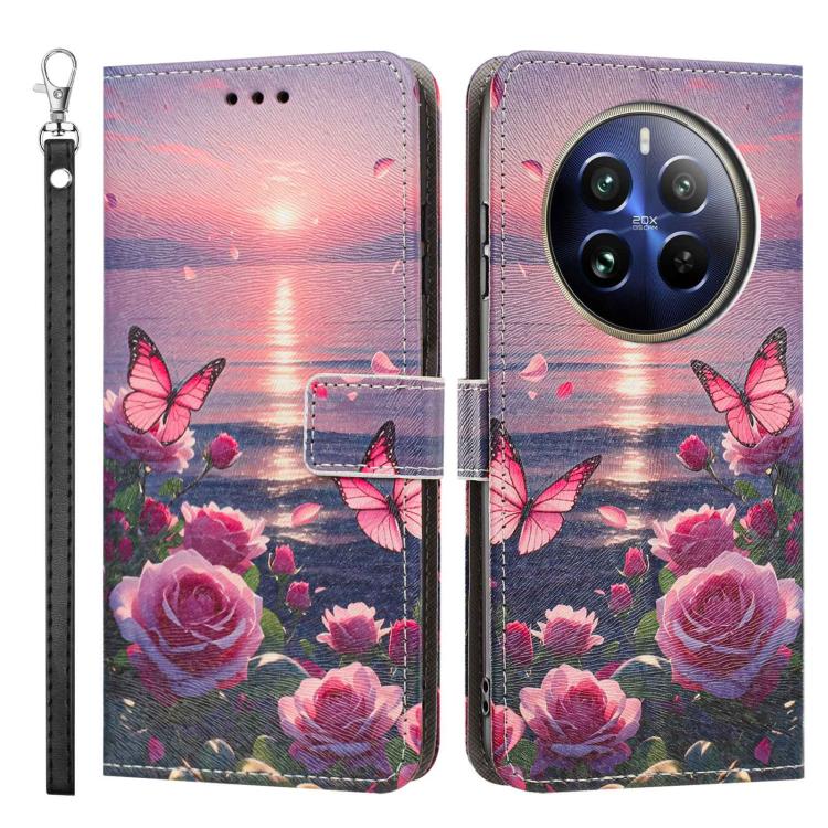 For Realme 12+ 5G Global Painted Pattern Vegan Leather Phone Case with Strap