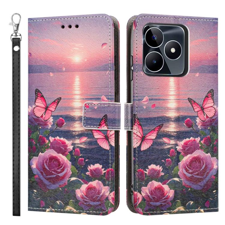 For Realme C53 Painted Pattern Vegan Leather Phone Case with Strap