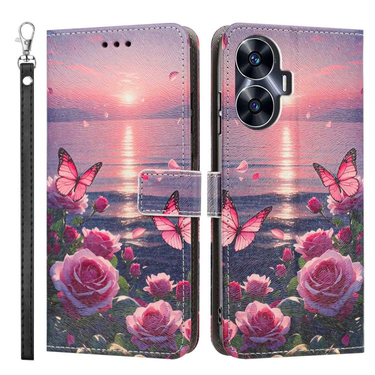 For Realme C55 Painted Pattern Vegan Leather Phone Case with Strap