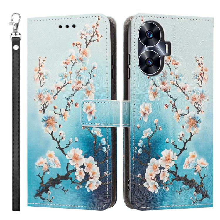 For Realme C55 Painted Pattern Vegan Leather Phone Case with Strap