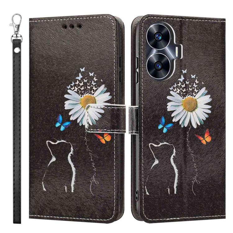 For Realme C55 Painted Pattern Vegan Leather Phone Case with Strap