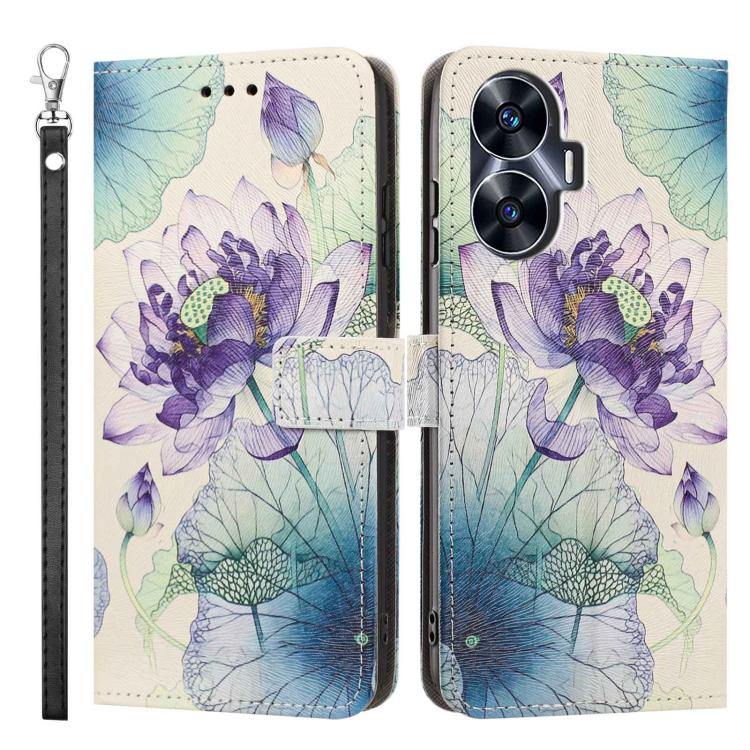 For Realme C55 Painted Pattern Vegan Leather Phone Case with Strap