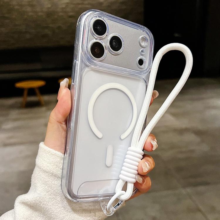 For iPhone 17 Pro Precise Hole Shockproof Magnetic TPU Hybrid Acrylic Transparent Phone Case With Lanyard