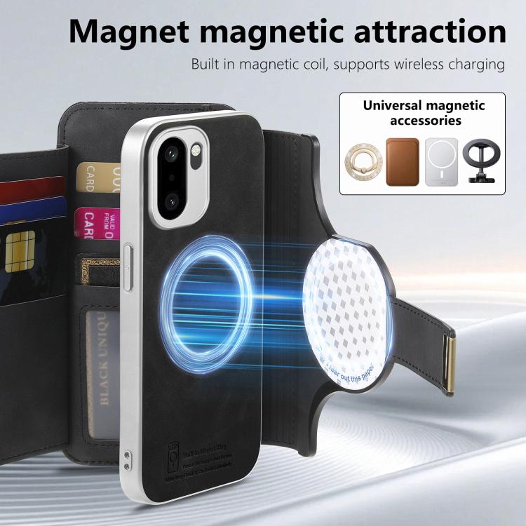 For OnePlus Ace 6 5G / 6T Precision Hole Silver-Edged Ring RFID Blocking Zipper Wallet Magnetic Vegan Leather Phone Case
